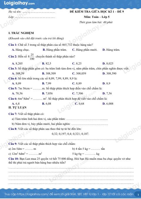 Đề kiểm tra giữa kì 1 Toán 5 - Đề số 9